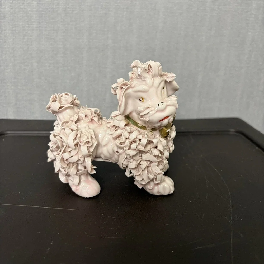 Vintage Spaghetti Pink Poodle Ceramic Figurine Gold Bow Mid Century MCM 60s